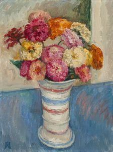 Bouquet de Zinnias au vase tricolore, 33.5x25 cm