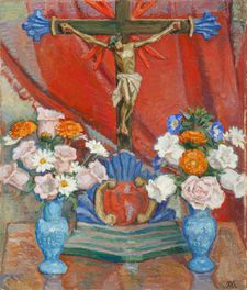 Crucifix aux deux vases bleus, 48x40.5 cm