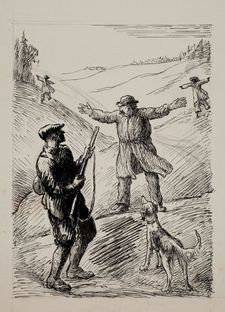 Le chasseur et les épouvantails, vers 1948, 18x13 cm