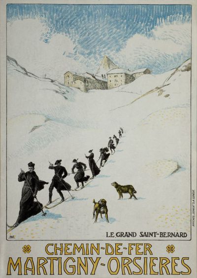 Affiche pour le chemin de fer Martigny-Orsières. Le Grand Saint-Bernard, vers 1910, 100x70 cm